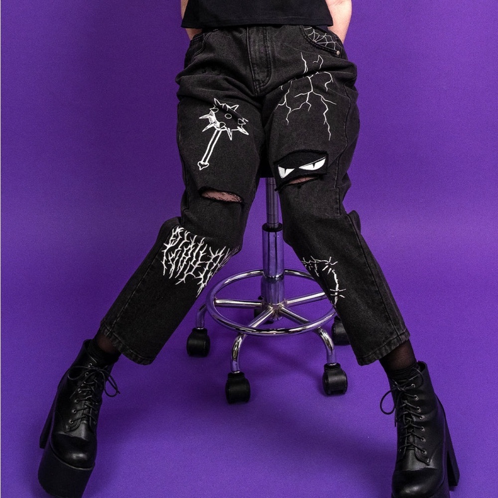 Cool The SPOOKY Black Distressed Jeans White Screen Printed Graphics